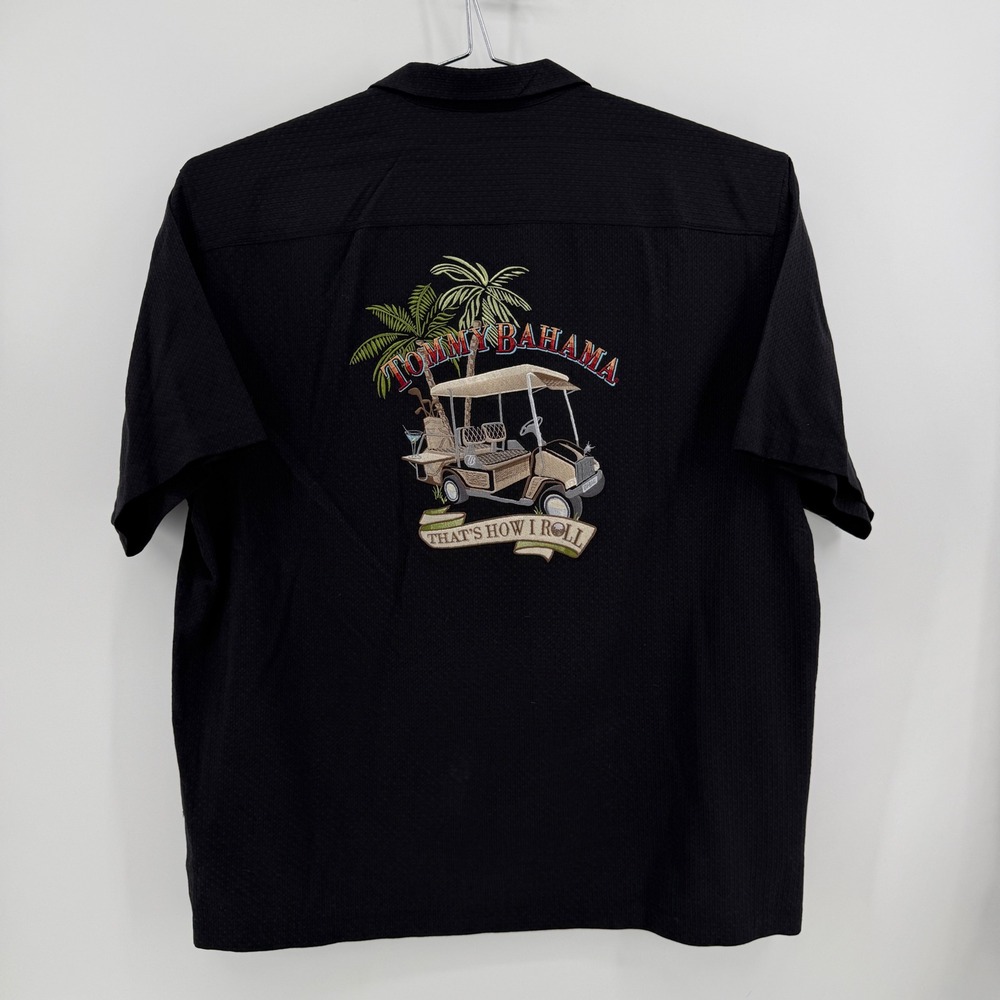 Tommy Bahama Button Up Shirt Mens XL Black Solid Silk Cotton Golf Embroidery